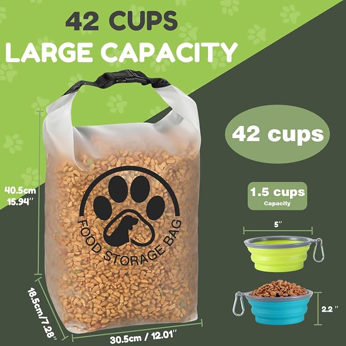Pet Food Storage Bag for Travel - Transparent Leak-Proof Dog Food Container with Roll-Top Closure, Keeps Kibble Fresh for Camping Trip, Dog Boarding, Weekend Getaways (42 Cups+bowl)