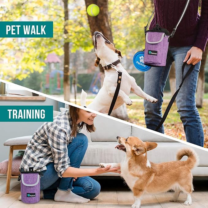 PetAmi Dog Treat Pouch, Large Hands-Free Training Bag, Purple | Built-In Poop Bag Dispenser, Holds 3 Cups Of Treats, 4 Ways to Wear, D-Ring, Reflective Strap, Dog Treat Bag for Walking