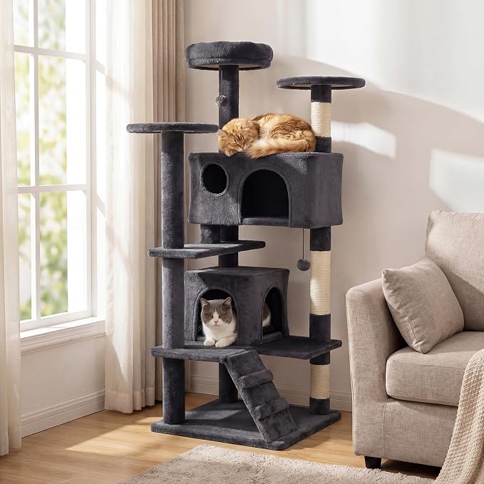 52-inch Cat Tree, Multi-Level Cat Tower with Sisal Scratching Posts, 2 Comfy Condos, Plush Padded Soft Top Perch, Dangling Balls, and Climbing Ladder, Ideal for Indoor Cats (Dark Grey)