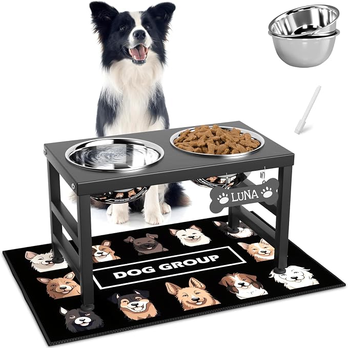 ADENGL Elevated Dog Bowls, 10" Tall Height, Raised Bowl Stand with 2 Stainless Steel Food Feeder Bowls (58oz) and Spill-Proof Mat for Medium Large and Small Breeds