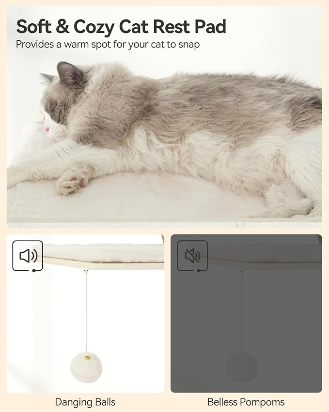72.4" Cat Tree, Modern Cat Tower for Indoor Cats, Multi-Level Cat Condo with Caves, Tall Cat Tree with Cat Scratching Board, Wooden Cat Tower with Large Perch, Removable Pads, White