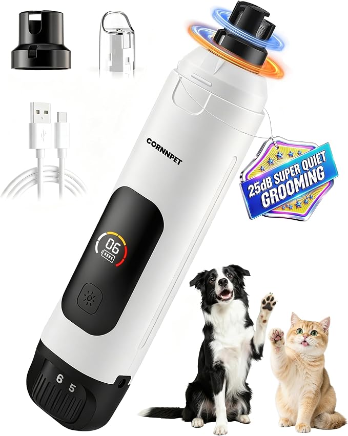 Dog Nail Grinder with New LCD Display,25dB Quiet 6-Speed Dog Nail Trimmer Avoid Anxiety,1.5H Fast Charge,2 LED Safe Lights,50% More Power - Painless Pets Nails Grinding - White