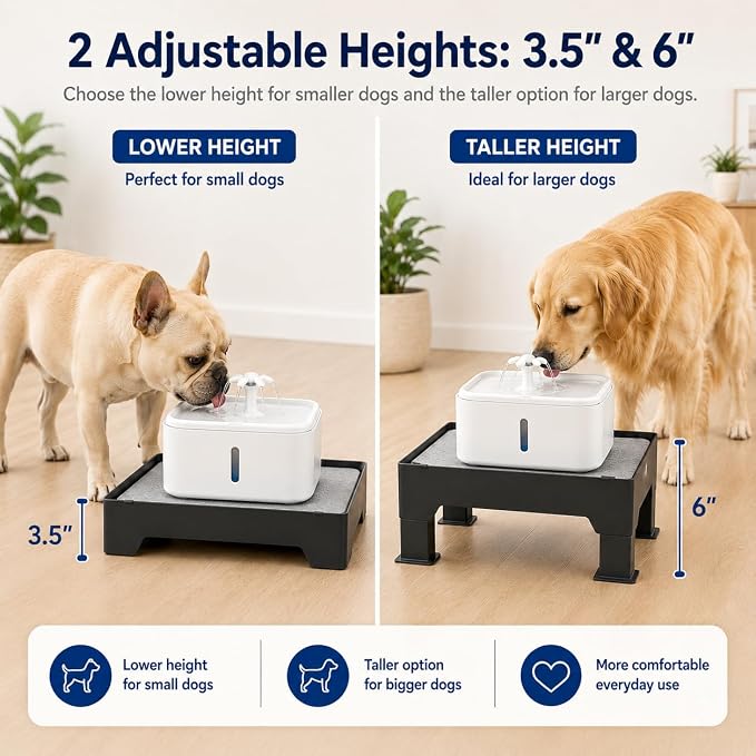 Raised Dog Fountain Stand with Absorbent Diatomite Mat, Adjustable 3.5" & 6" Dog Water Bowl Stand, Helps Keep Floors Dry, Elevated Pet Fountain Base for Dog Fountains, Feeders & Bowls(Stand Only)