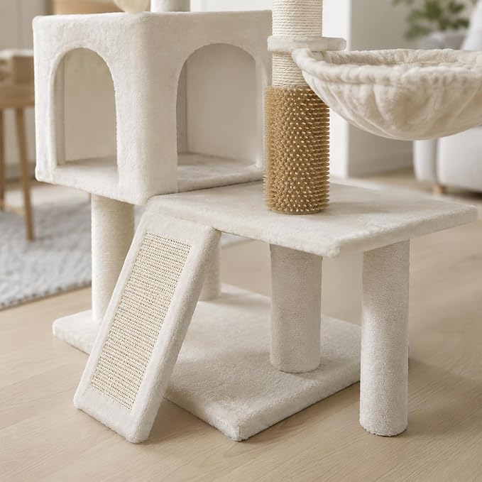 Smouatou Cat Tree with Cat Condo and Two Hammocks, Cat Tower with Scratching Posts and Scratching Pads Cat Toys, Beige