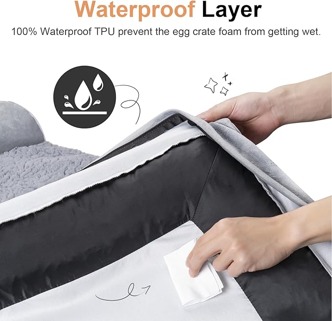 NANUYA Orthopedic Dog Bed for Medium Dogs, 30 x 20 Inch, Light Grey | Egg crate foam for joint support, 3-sided bolster pet sofa, waterproof lining, washable cover, and non-skid base