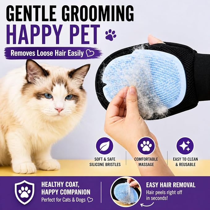 Pet Grooming Gloves for Dogs & Cats – Double Sided Deshedding Glove, Hair Remover & Massage Brush for Shedding Fur (Light Blue)