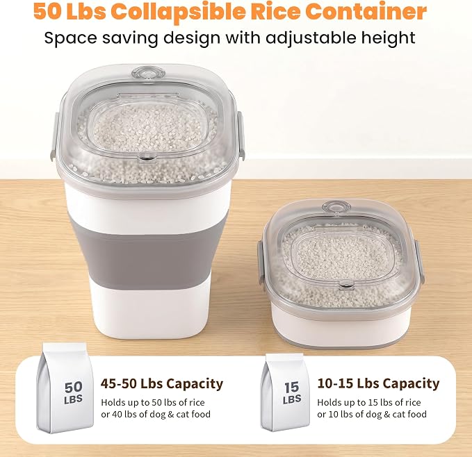 50 Lbs Rice Storage Container, Collapsible Pet Food Container | Airtight Dog Food Storage Container with Wheels, Transparent Lid, 2 Measuring Cup, 2 Scoop, BPA Free for Cat Food, Bird Seed