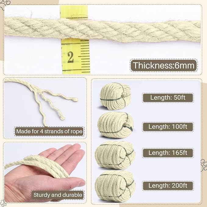 Sisal Rope for Cat Scratcher 1/4" 50 Ft Cat Tree Twine for Repairing Cat Scratching Post Replacement DIY Hemp Rope for Carpet Mat, Pet, and Crafts Gardening Home Decorating