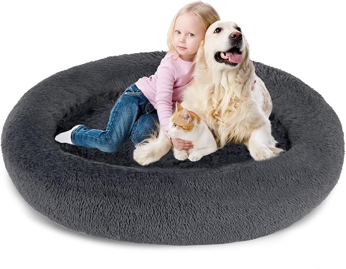 SAVFOX 54 inches Calming Donut Dog Bed - 3X Durable Plush Faux Fur, Machine Washable & Non-Slip, Fits up to 210 lbs, Removable Cover, Dark Grey