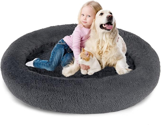 SAVFOX 54 inches Calming Donut Dog Bed - 3X Durable Plush Faux Fur, Machine Washable & Non-Slip, Fits up to 210 lbs, Removable Cover, Dark Grey