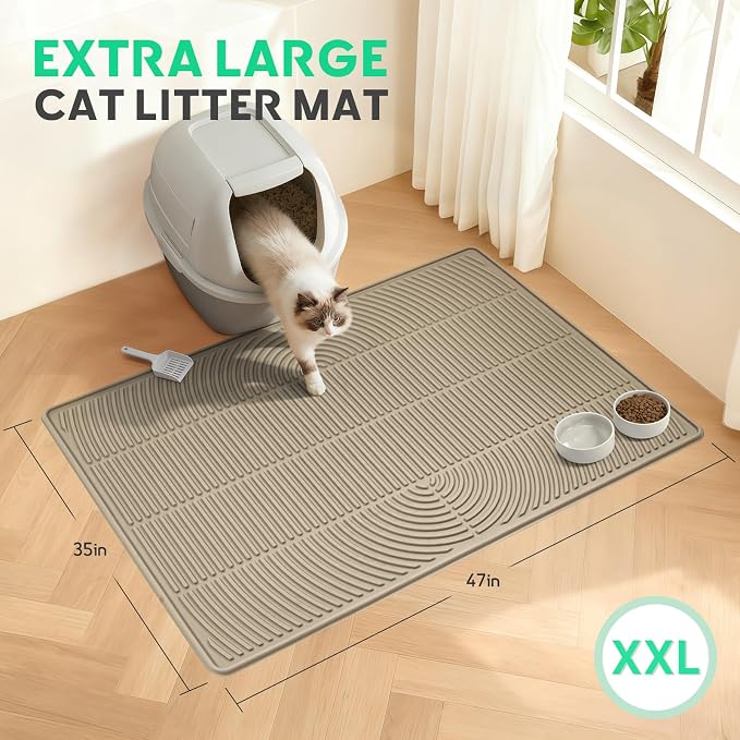 Pawtasy Cat Litter Mat,47" x 35" Extra Large Silicone Waterproof Litter Trapping Mat for Scatter Control Soft on Kitty Paws Non-Slip Easy to Clean