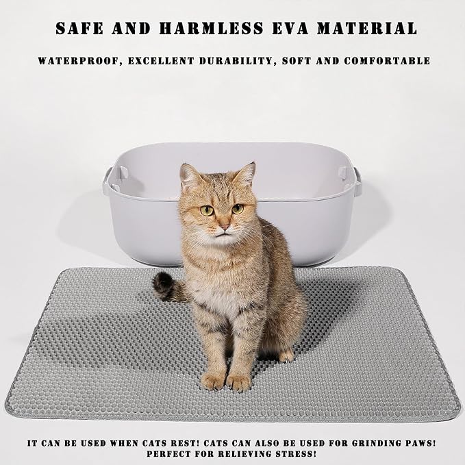 HCY&WLD Cat Litter Mat, Double Layer Cat Litter Box Mat (30x22 Inch, Gray) | Waterproof Urine-Proof Non-Slip Litter Trapping Mat, Soft on Kitty Paws, Scratch-Resistant, Scatter Control, Easy to Clean