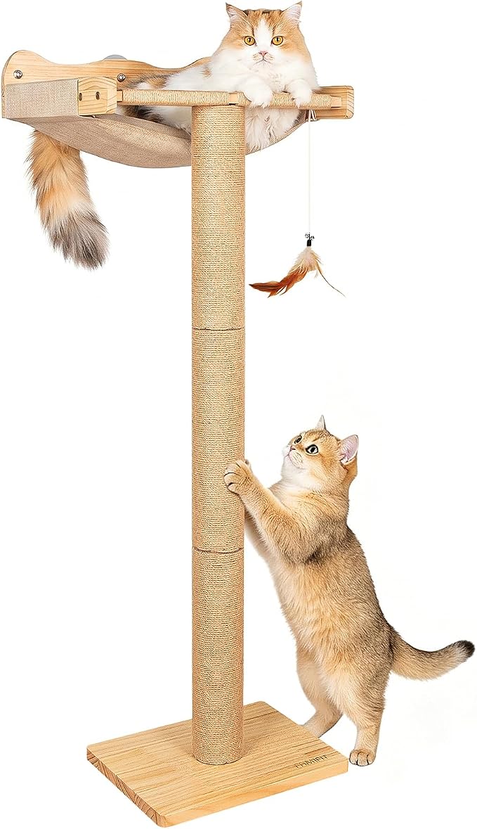 Cat Window Perch Hammock with 3-Piece Detachable Sisal Scratching Posts, Drill-Free Suction Cup Mount, Multi-Level Climbing Perch for Bird Watching, 45 LBS Capacity