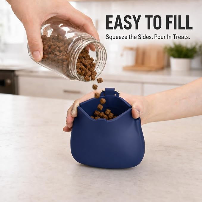 1 Cup Silicone Dog Treat Pouch, Dog Training Treat Bag, Blue | One-Hand Use, Auto-Closes, No Spills When Inverted, Carabiner Keeps Pouch Secure, Easy to Clean, Holds Dry or Wet Dog Food