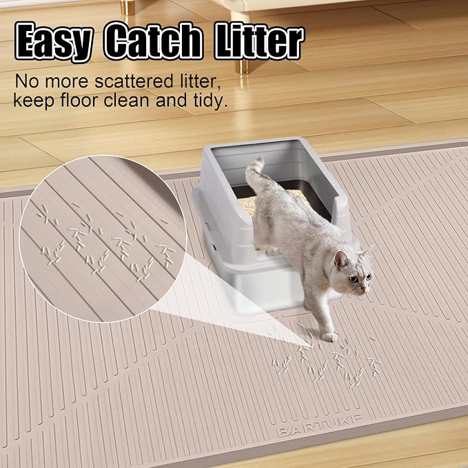 Silicone Cat Litter Mat 45" x 30" Cat Mat for Litter Box, Khaki | Extra Large Cat Litter Trapping Mat for Floor, Waterproof, Non-Slip Kitty Litter Box Mat with Raised Edge, Easy to Clean