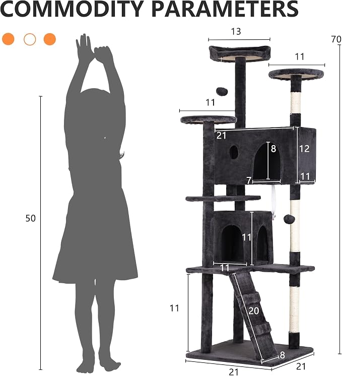 BestPet | 70" Cat Tree Tower | Dark Gray | Sturdy Multi-Level Cat Tree | with Plush Condo, Cozy Perch, Sisal Scratching Posts, Hanging Toy and Hammock | Easy Assembly | for Kittens & Adult Cats