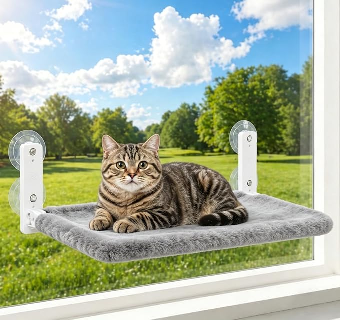 Cordless Cat Window Perch, Foldable Stable Cat Hammock, Breathable for Overlooking, Sunbathing & Climbing, Max Hold Up to 40lb