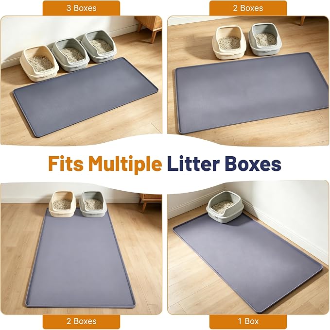 Cat Litter Mat, 51x25.6in Waterproof Silicone Litter Box Mat, Grey | XL Cat Mat Fits 1-3 Litter Boxes, Litter Trapping Mat with Raised Edges, Non-Slip Bottom, Easy Clean Kitty Litter Mat
