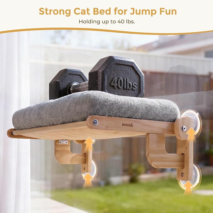 Pecute Cat Window Hammock Foldable, Cat Bed with Soft Cushion Grey, 26" L | Sturdy Wood Frame, Collapsible Large window perch with Strong Suction Cup for Indoor Cat, foldable Design, Soft Plush Surface