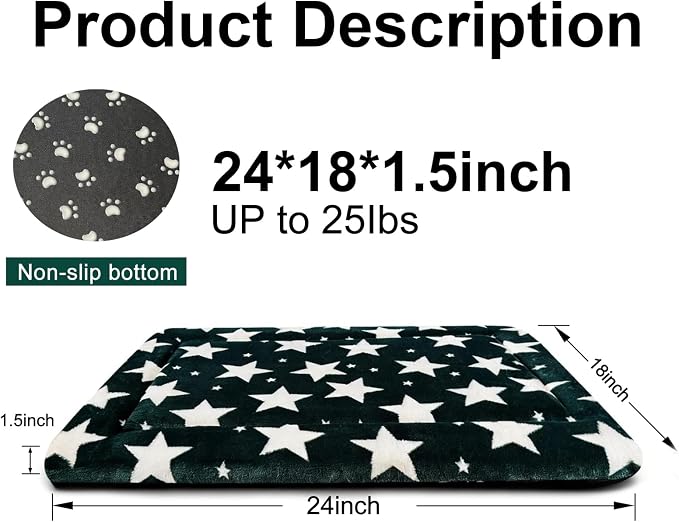 Dog Bed Mat, Reversible Dog Crate Pad with Washable Kennel Mat and Soft Foam, Pet Bed for Dogs & Cats, for Crates Carriers & Travel (Big&Small Stars Green, 24" L*18" W*1.5" Th)