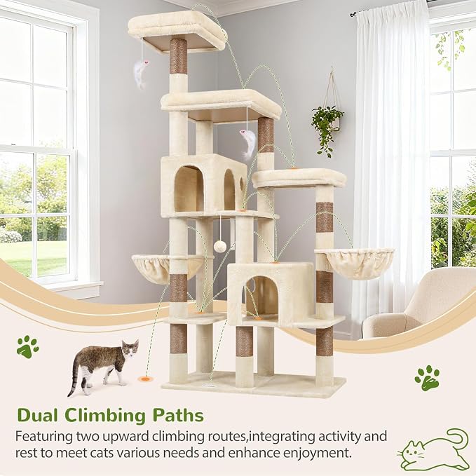 Globlazer 74in Large Sturdy Cat Tree for Large Cats, F74F, Dark Grey | Tall Maine Coon Cat Tower for Indoor Cats Large Adult with 8 Scratching Posts, 2 Spacious Cat Condos, 3 Perches