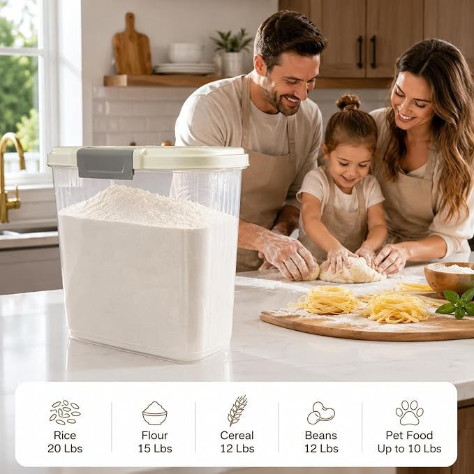Large Rice Storage Container 15-20 Lbs, Tall Flour Container Dry Food Bin | Slim Food Container with Scoop, Cup for Cereal, Sugar, Beans, Pet Dog Cat Food, Kitchen and Pantry Storage Organization