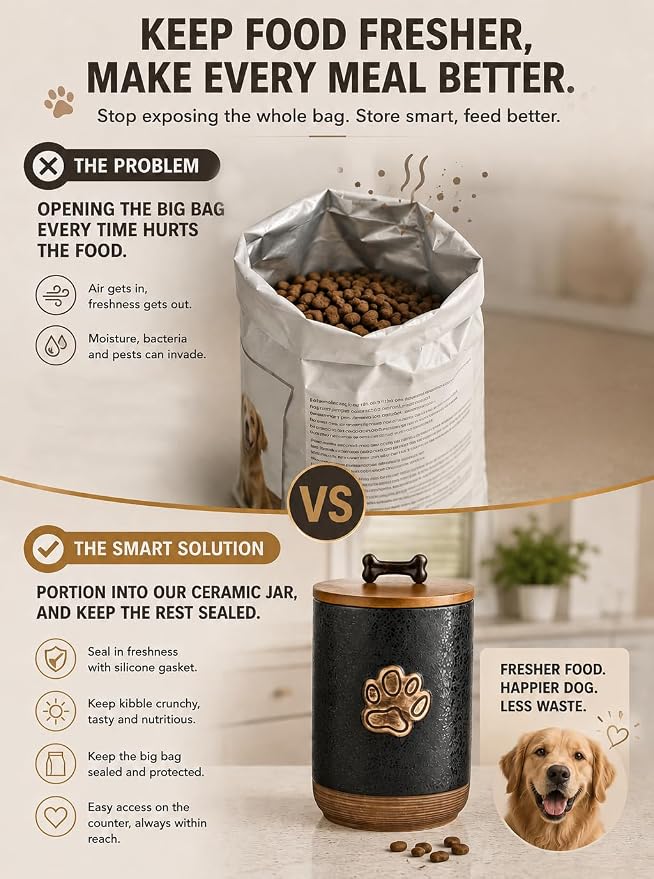 Miamolo Dog Treat Storage Container, Ceramic Dog Treat Jar with Airtight Lid, Puppy Treats Food Canister for Kitchen Counter Farmhouse Decor, Gift Doggie Snack Jar for Counter, Paw Glinting Black