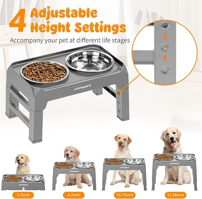 URPOWER Raised Dog Bowls 4 Height Adjustable Elevated Bowl Stand | Stainless Steel Water Bowl Non-Slip Dog Food Bowls Stand for Small Medium Large Dogs and Pets