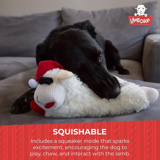 Multipet Lamb Chop Dog Plush Toy w/ Santa Hat - Squeaky Toy for All Dogs - Extra Soft Plush - Stuffed Animal for Cuddling & Playing (6”, Cream)