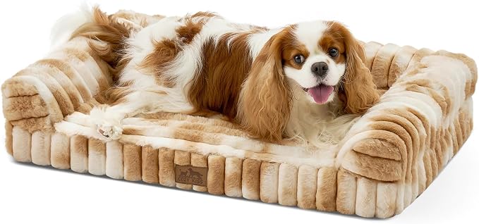 COZY KISS Ultra Soft Faux Rabbit Fur Dog Bed for Small Dogs – 30"x20" Orthopedic Foam Couch, Removable Washable Cover & Waterproof Lining, Tie-Dye Brown