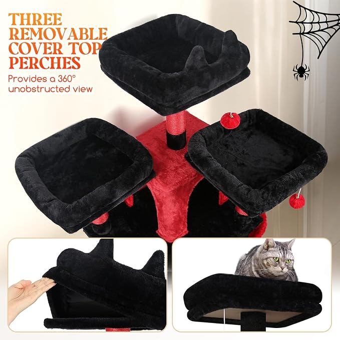 Globlazer Gothic Cat Tree Tower for Multiple Adult Cats, 82in, F82, Goth | XXL Tall Cat Tree Tower for Indoor Cats with Scratching Post, 3 Perches, 2 Condos, 2 Hanging Baskets