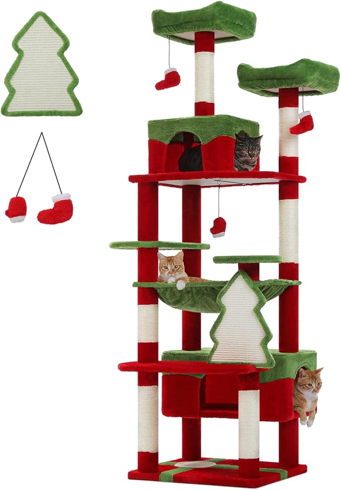 PAWZ Road Christmas Cat Tree, 72" with Big Condo, Hammock & Xmas Scratcher | Xmas red&green cat tree, 20"×16" hammock for adult cats, 7 scratch posts + pad, dual condos&perches for multi-cats