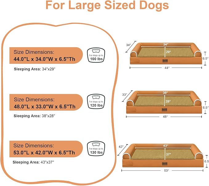 NANUYA Orthopedic Dog Bed for XX-Large Dogs, 44 x 34 Inch, Orange | Egg crate foam for joint support, 3-sided bolster pet sofa, waterproof lining, washable cover, and non-skid base