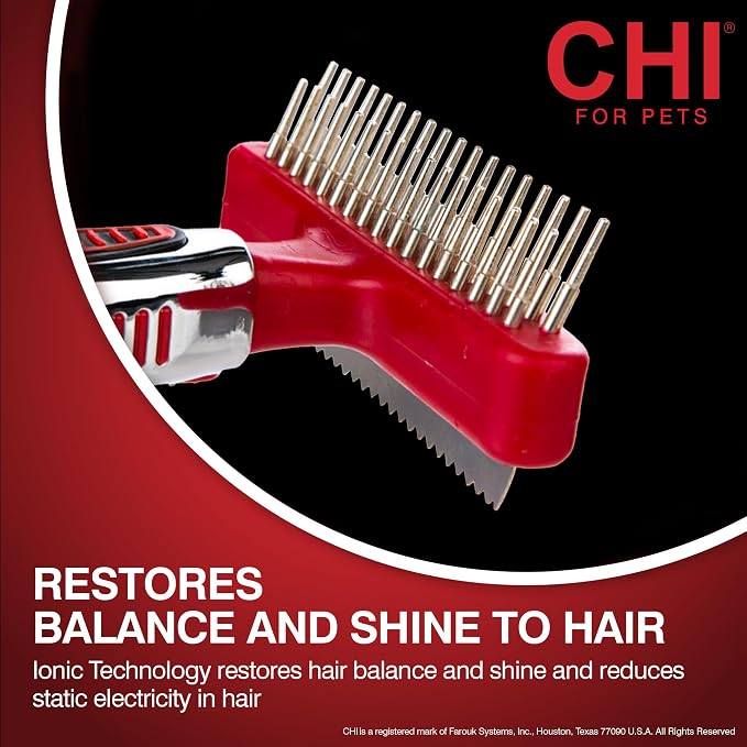 CHI for Dogs Double-Sided Shedding Rake and Blade, 2-in-1 Grooming Tool for Dematting, Deshedding, and Undercoat Removal, Ionic Technology, Ergonomic Soft Grip Handle, All Coat Types, Red