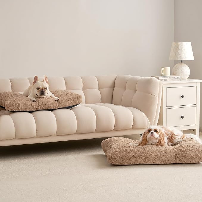 EHEYCIGA Washable Dog Bed for Crate 36x27 Inch, Anti-Slip L Plus Kennel Pad for Dogs Up to 55 lbs, Plush and Comfy Pet Sleeping Mat, Camel