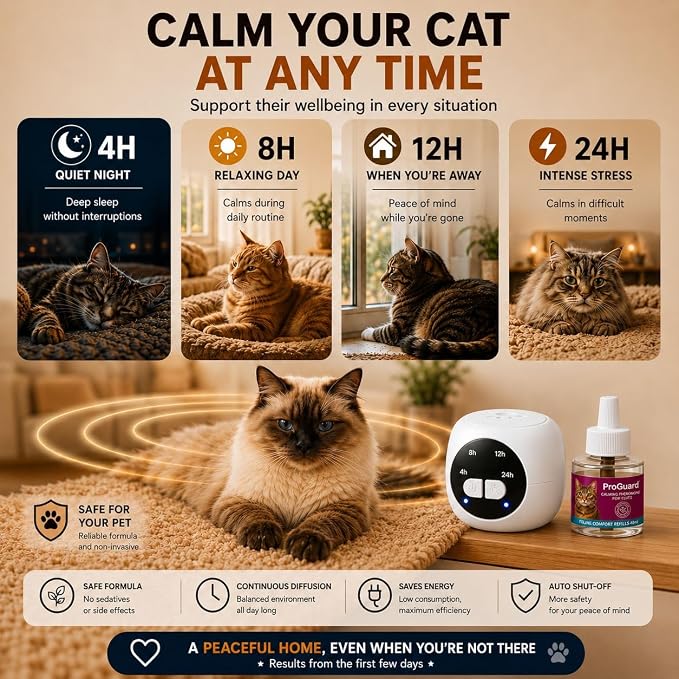 ProGuard® Cat Calming Diffuser Kit with Timer – Advanced Support to Reduce Stress, Spraying, Scratching, Fighting and Hiding – Cat Pheromone Diffuser 9-in-1 with 3 Diffusers with Timer + 6 Refills
