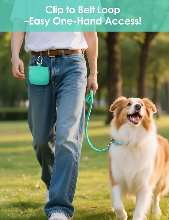 1 Cup Silicone Dog Training Treat Pouch(Turquoise) | Clip on Leash or Belt Loop, One-Hand Access with Pull Tab, Small Pocket Sized, Auto Closing Lid for Pet Training & Walking