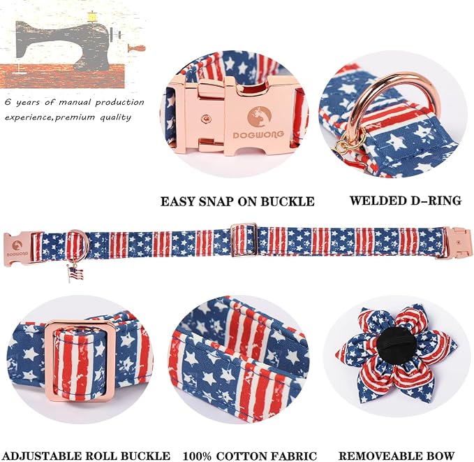 4th of July American Flag Dog Collar, DOGWONG Red Blue Flower Dog Collars with Metal Adjustable Buckle, Comfortable Independence Day Dogs Collars for Large Dogs, XL
