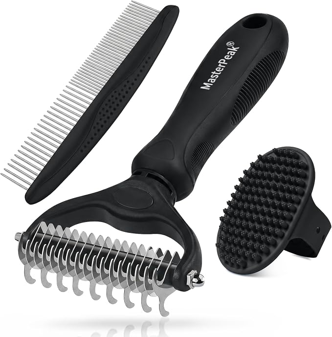 3-in-1 Pet Grooming Kit Rake Metal Comb & Bath Brush Black | Double-Sided Dematting Undercoat Rake, Deshedding Metal Comb, Bath Brush For Dogs and Cats