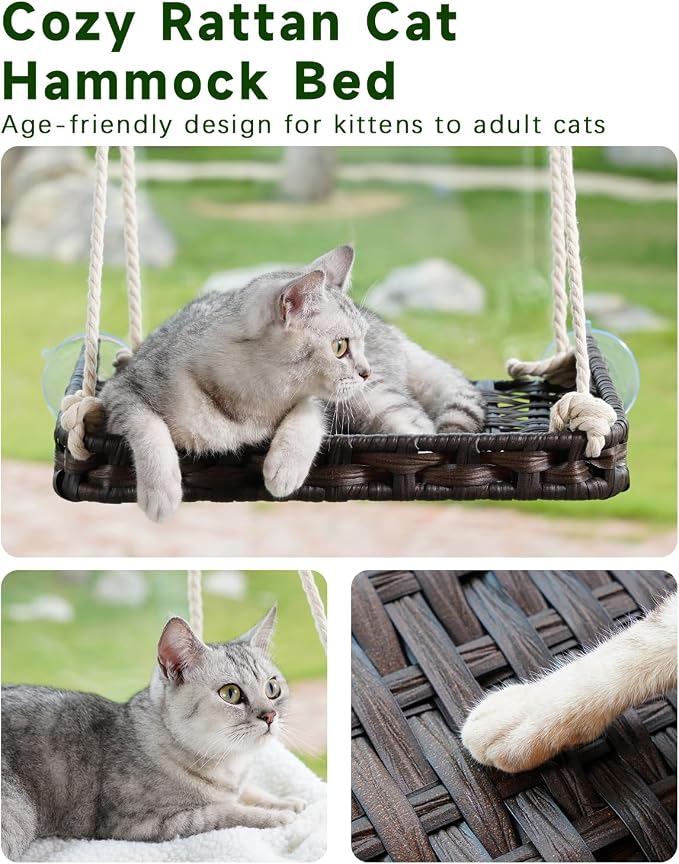 SETVSON Cat Window Perch, Cat Window Hammock Bed for Indoor Cats, Brown | Handwoven PE Rattan Window Seat, 4 Strong 3.2-In Suction Cups, Double Sided Washable Cushion Bed, 2.3 Inch Fence, Easy Care