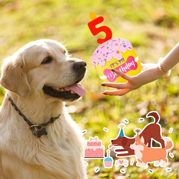 Dansydaisy Dog Birthday Cake Toy Squeaky Plush Toy for Girl Boy Gifts, Chew Accessories for Dog Birthday Party Decor Favor for Large, Medium and Small Dogs(5th,Pink and Yellow)