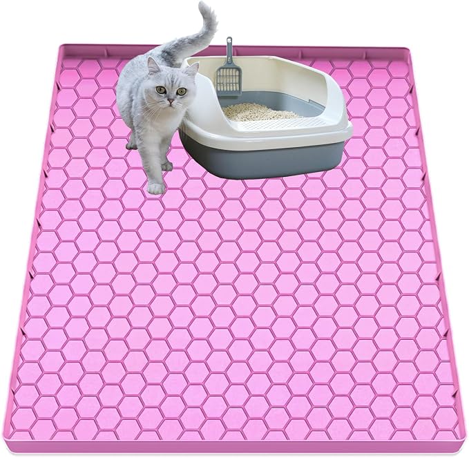 Cat Litter Mat, Silicone Large Cat Mat for Litter Box - 34x22 in, Waterproof & Non-Slip, Durable & Easy Clean, Pink