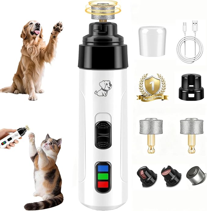 Upgraded Dog Nail Grinder Quiet, Professional Cat & Dog Nail Trimmers, 2-Speed Silent Pet Nail Grinder and Painless Paws Grooming, Suitable for Small Medium Pets (2 Replacement Head)
