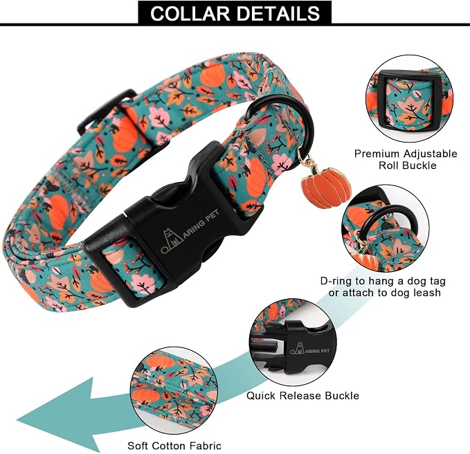 ARING PET Fall Dog Collars, Cute Autumn Pumpkin Maple Leaves Pet Collar with Quick Release Buckle for Small Medium Large Girl Boy Dogs-M Deep Color