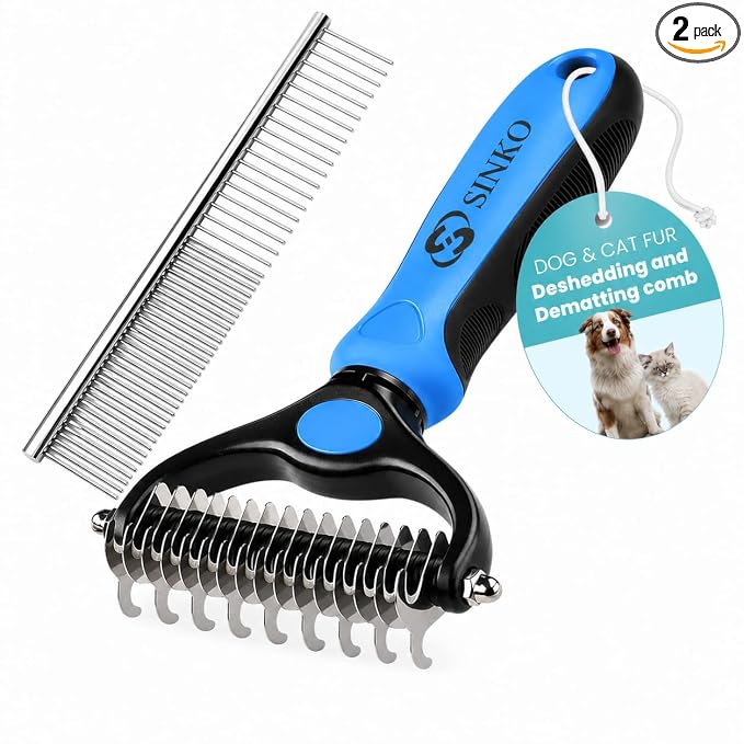 Sinko Shedding Brush for Dog and Cat, Undercoat Rake & Comb with Extra-Wide Double-Sided Stainless Steel Teeth for Deshedding, Brushing, Removing Loose Fur, Knots, Mats & Tangles in Pets (Blue)