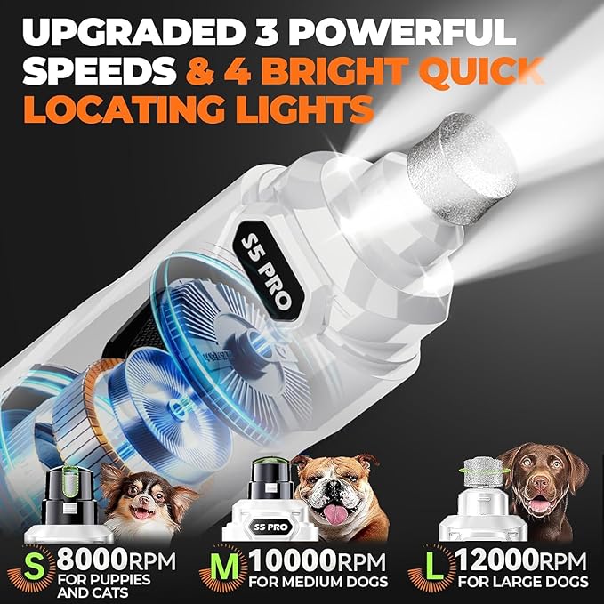 Whisper Quiet Dog Nail Grinder Safe & Stress-Free for Sensitive Dogs Cats | 4 LED Lights,3 Grinding Bits, 3-Speed, Pet Nail Trimmers, Rechargeable Painless Grooming Kit for All Breeds & Sizes