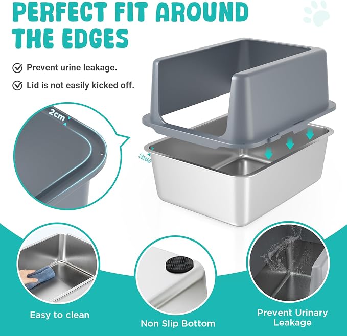 Litter Box with Lid, Stainless Steel Cat Litter Box, 12" Small Metal Litter Box for Kittens, Grey