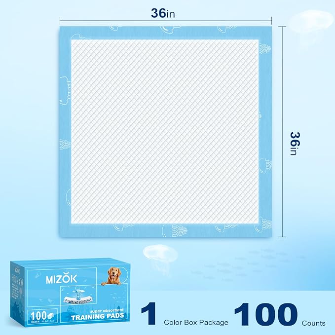 MIZOK Dog Pee Pads 36x36in Jumbo Dog Pads Super Absorbent Up to 11 Cups Marine Scented Odor-Control Pee Pads with Jellyfish Pattern, Quick Dry & Leak-Proof (100 Counts)
