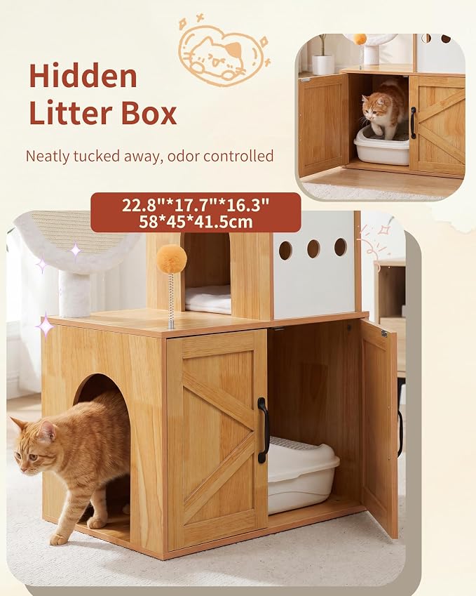 Heybly Cat Tree with Litter Box Enclosure, Modern 64" Hidden Tower HCT105WB | All-in-One Solid Wood Cat Condo for Indoor Cats with Paw-Shaped Board, Multi-Level Perch & Playzone, Walnut