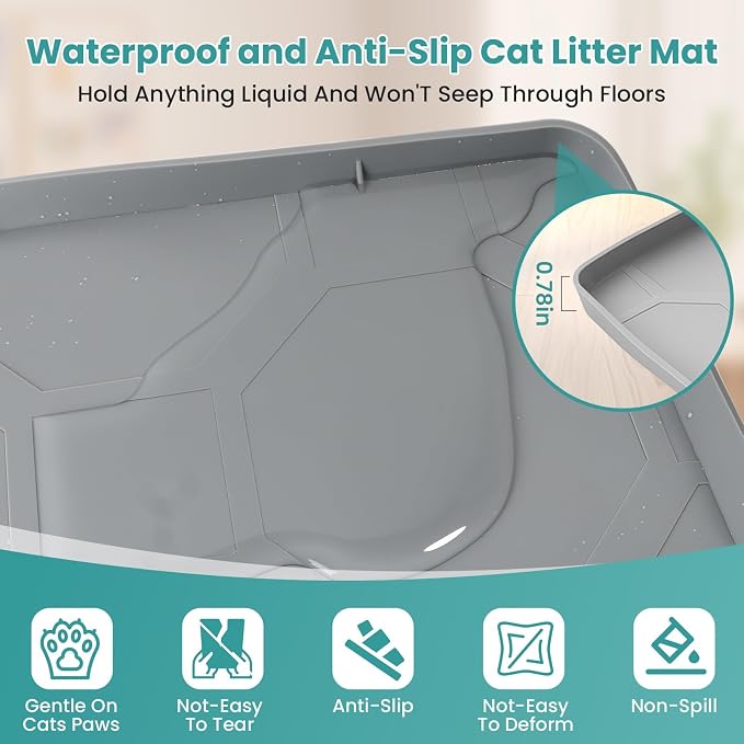 Cat Litter Box Mat, Large Silicone Cat Litter Mat, 34" X 22" Waterproof Pet Mat, Durable & Easy Clean (light gray)